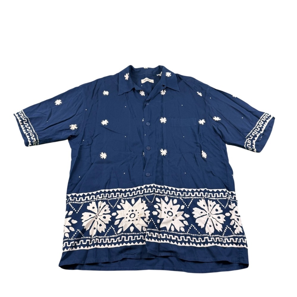EQUIPMENT Mens Blue White Rayon Camp Shirt Floral Geometric Made in France M